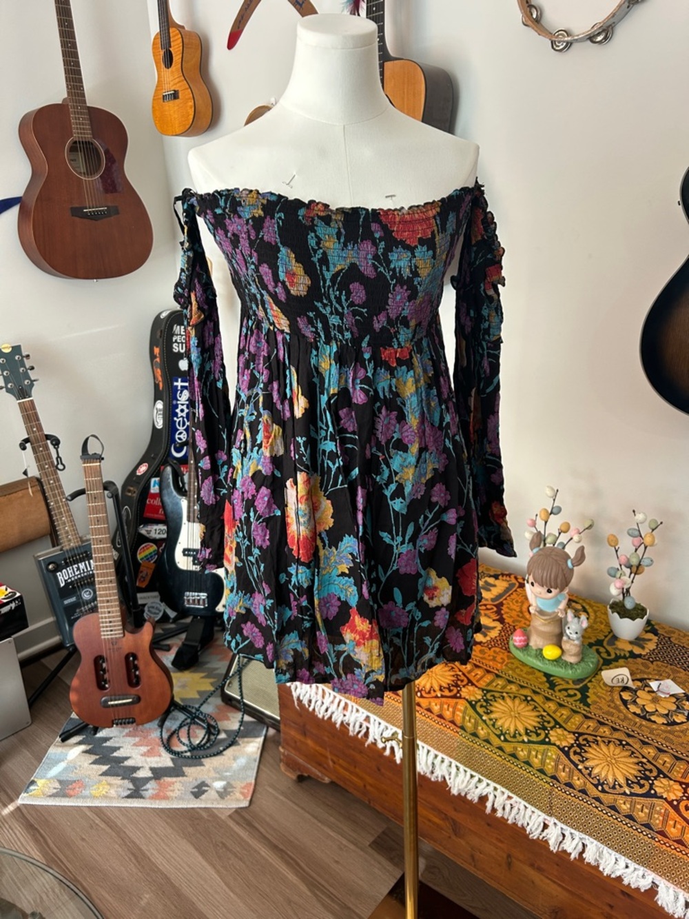 Ecote Off-Shoulder Black Floral Mini Dress